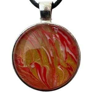 Handmade Red Gold Round Pendant Necklace Fluid Art Cabochon